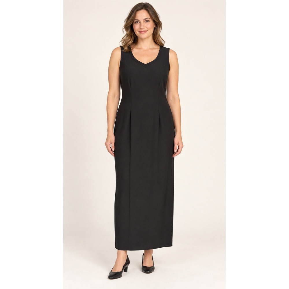 Anne French Midi Dress 12 Black V-Neck Sleeveless Sheath Vintage 90s Minimalist